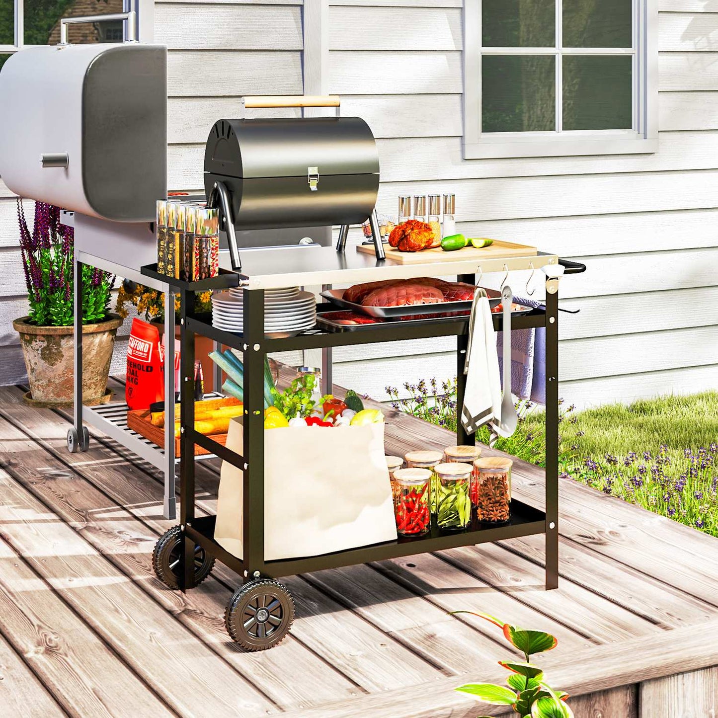 Adjustable 3-tier outdoor barbecue cart with wheels