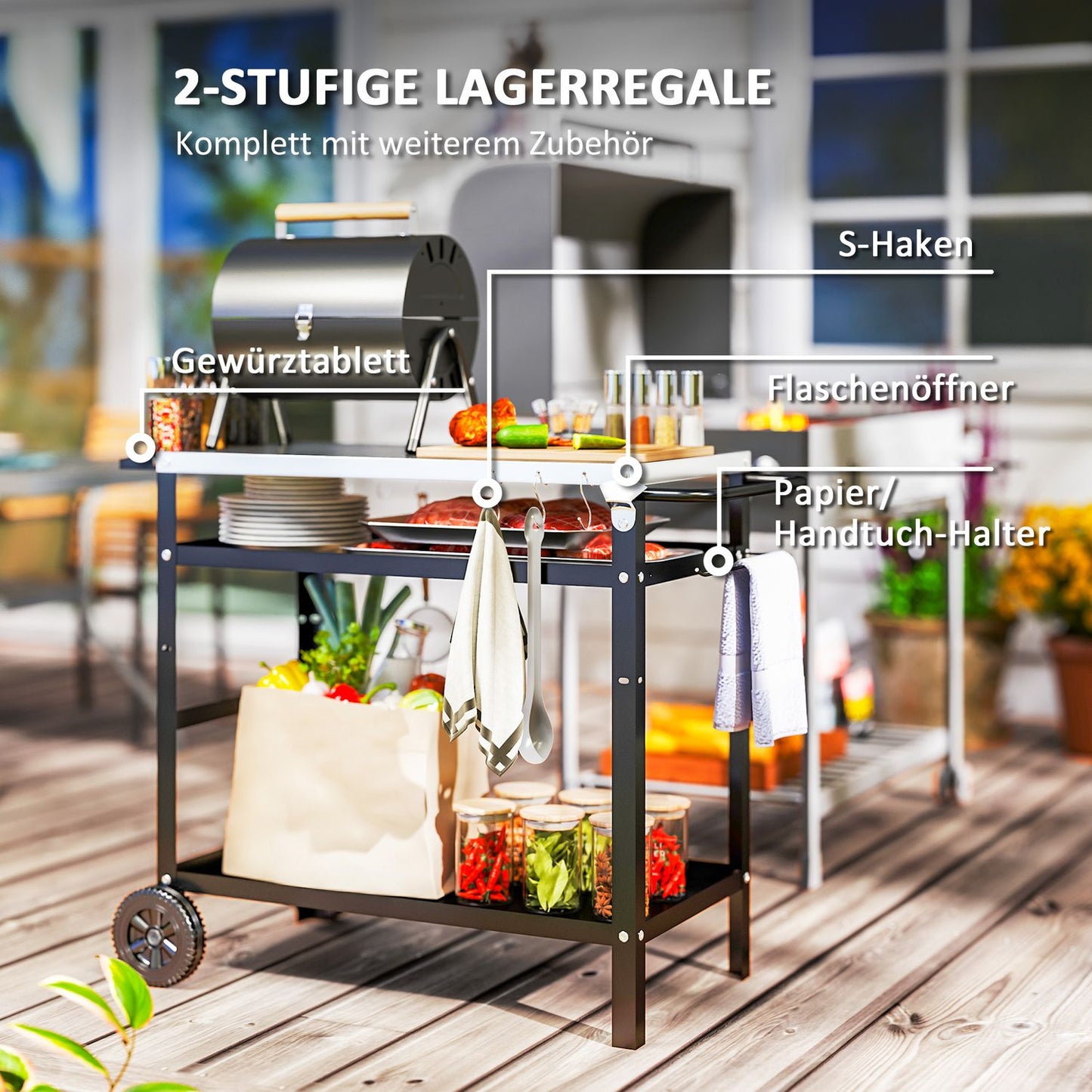 Adjustable 3-tier outdoor barbecue cart with wheels
