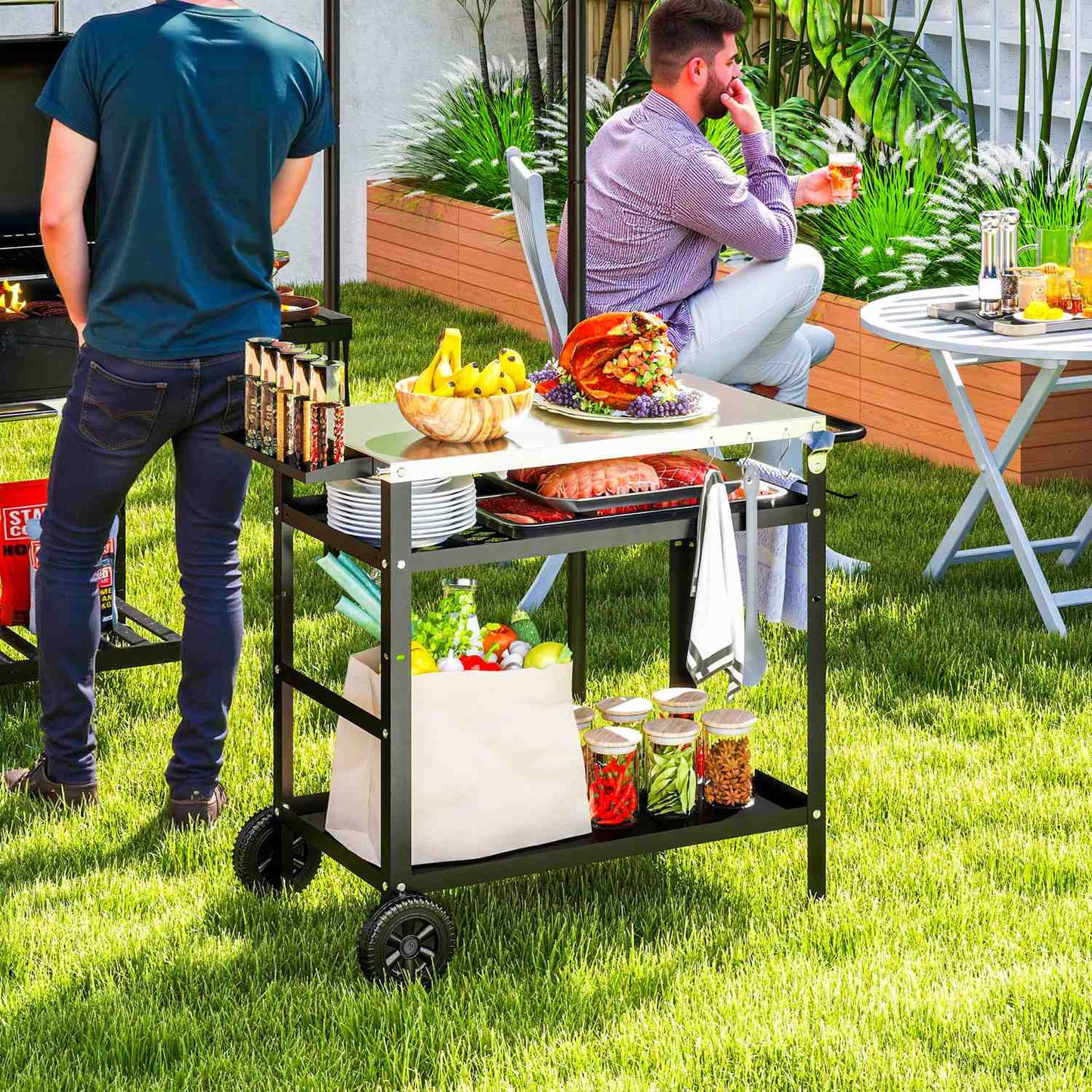 Adjustable 3-tier outdoor barbecue cart with wheels