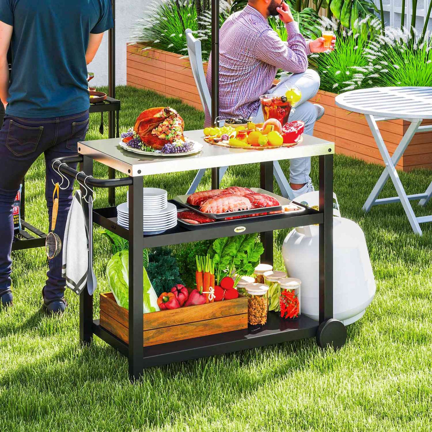 Charcoal grill cart - 3-tier, stainless steel, 102x50x81 cm