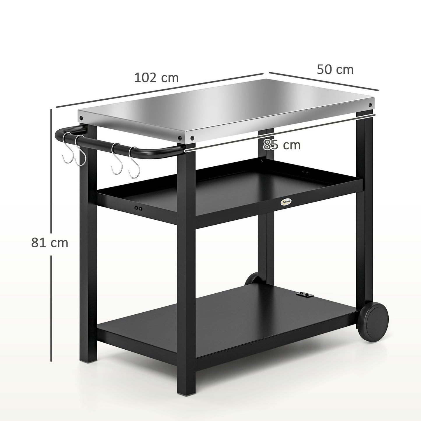 Charcoal grill cart - 3-tier, stainless steel, 102x50x81 cm
