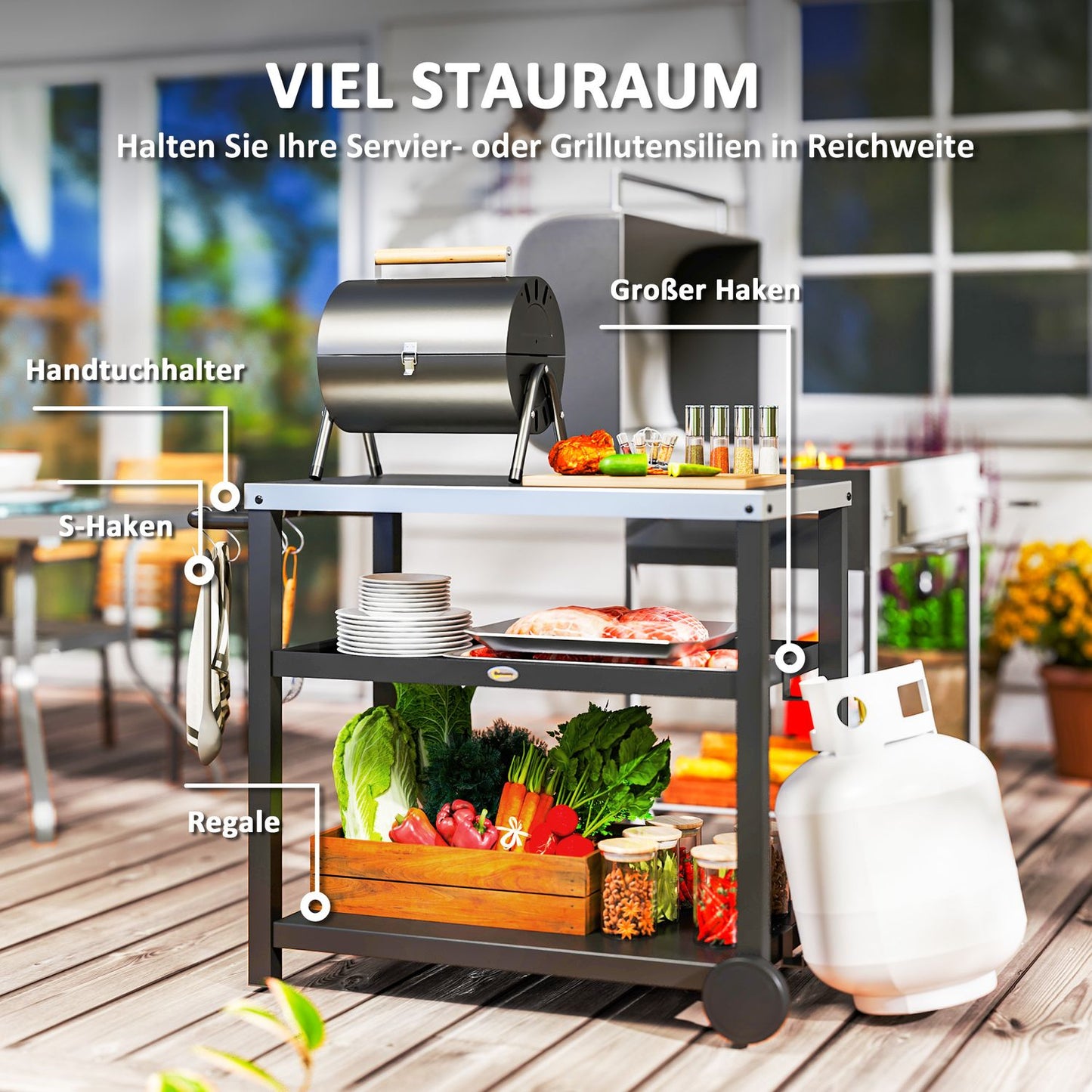 Charcoal grill cart - 3-tier, stainless steel, 102x50x81 cm