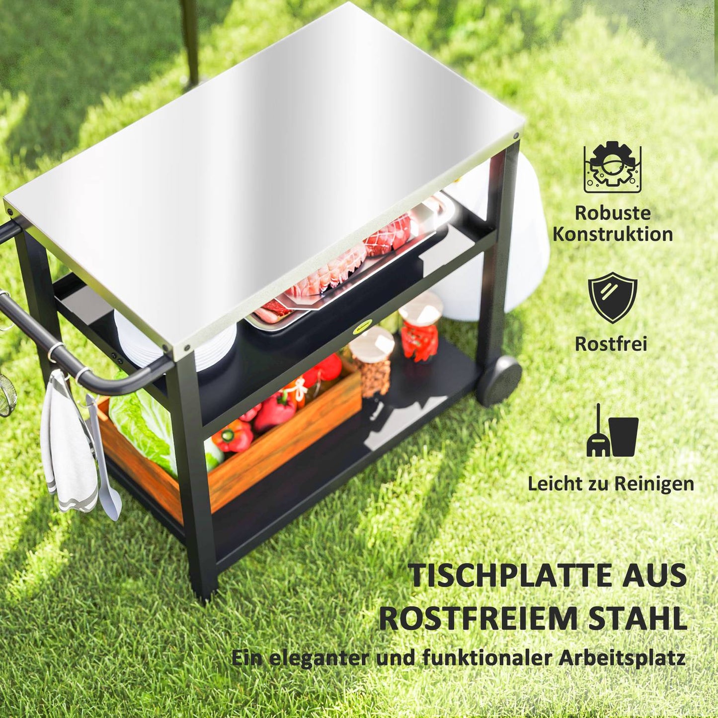 Charcoal grill cart - 3-tier, stainless steel, 102x50x81 cm