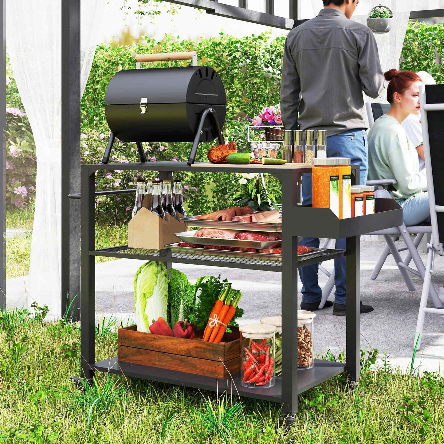 3-tier stainless steel barbecue trolley with wheels, 105x50x79cm