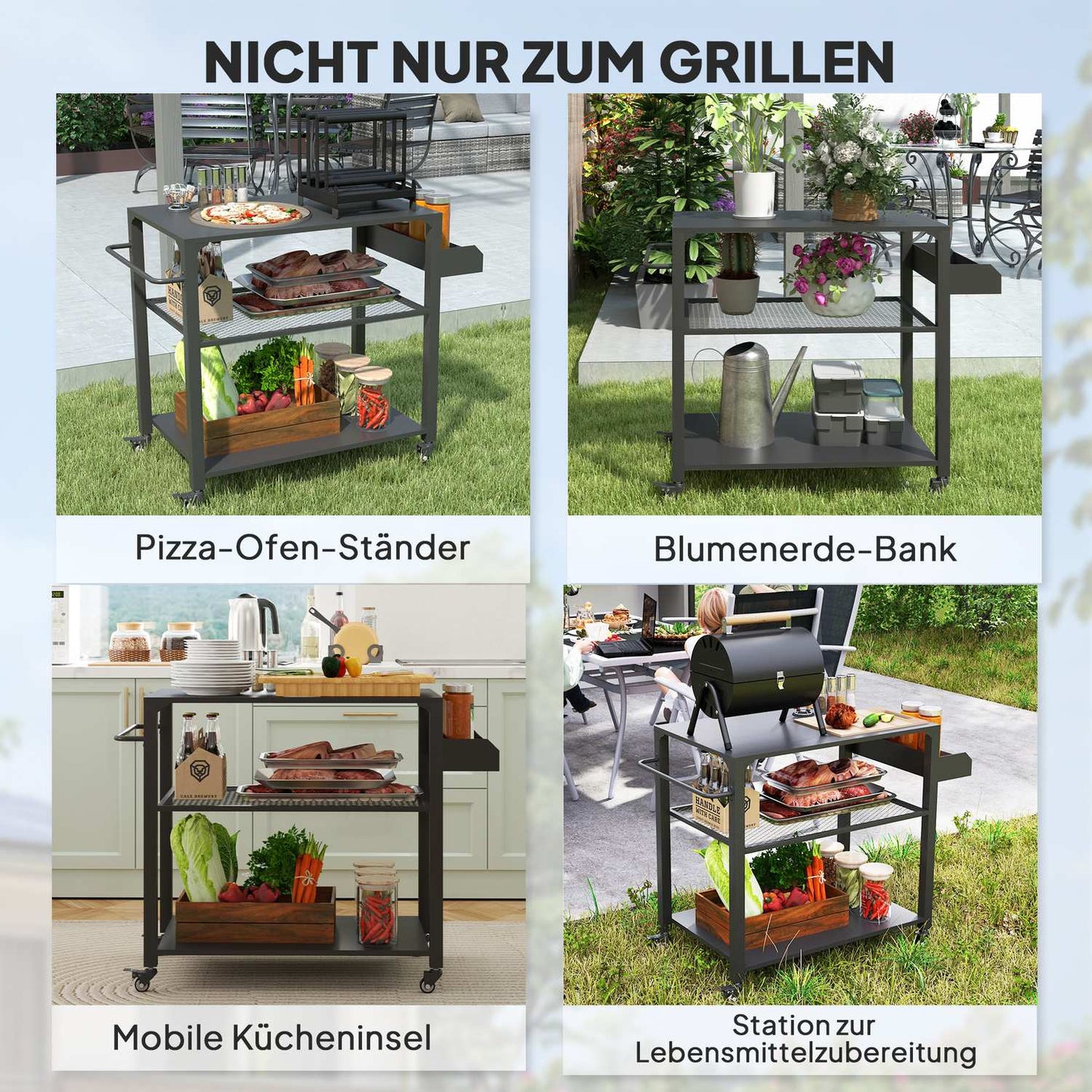 3-tier stainless steel barbecue trolley with wheels, 105x50x79cm