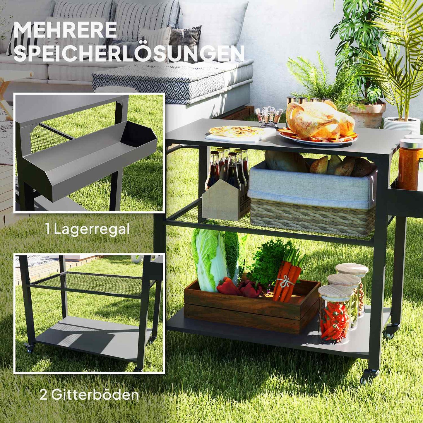 3-tier stainless steel barbecue trolley with wheels, 105x50x79cm
