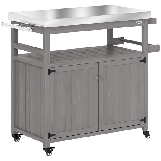 3-tier outdoor barbecue cart with towel rack - wood, gray