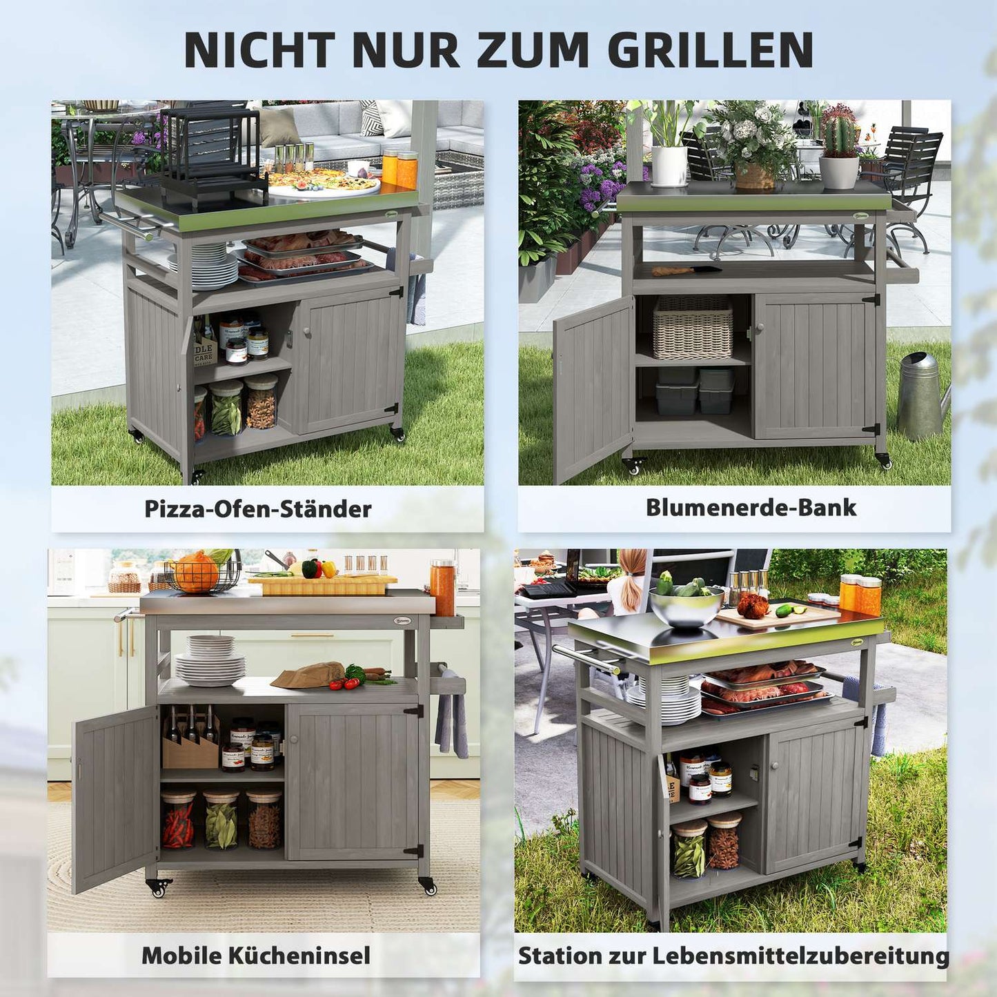 3-tier outdoor barbecue cart with towel rack - wood, gray