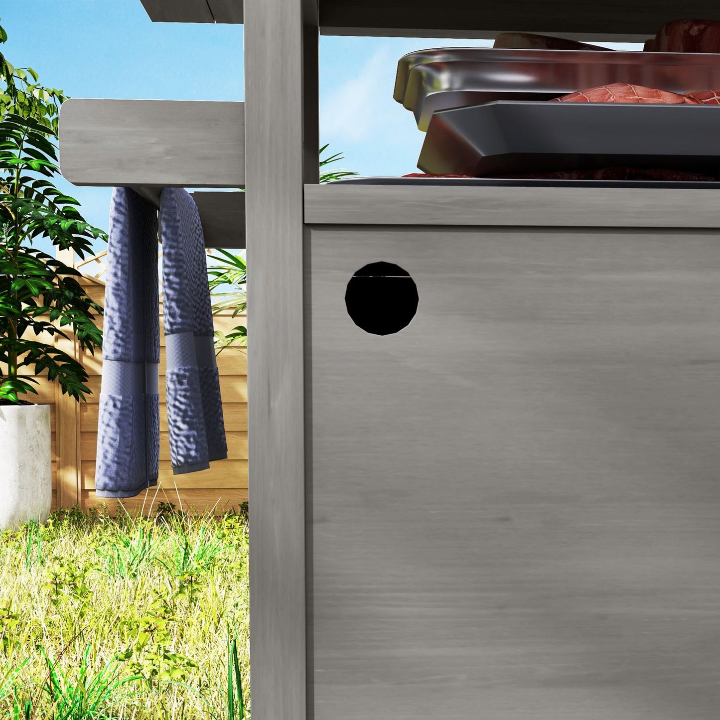3-tier outdoor barbecue cart with towel rack - wood, gray