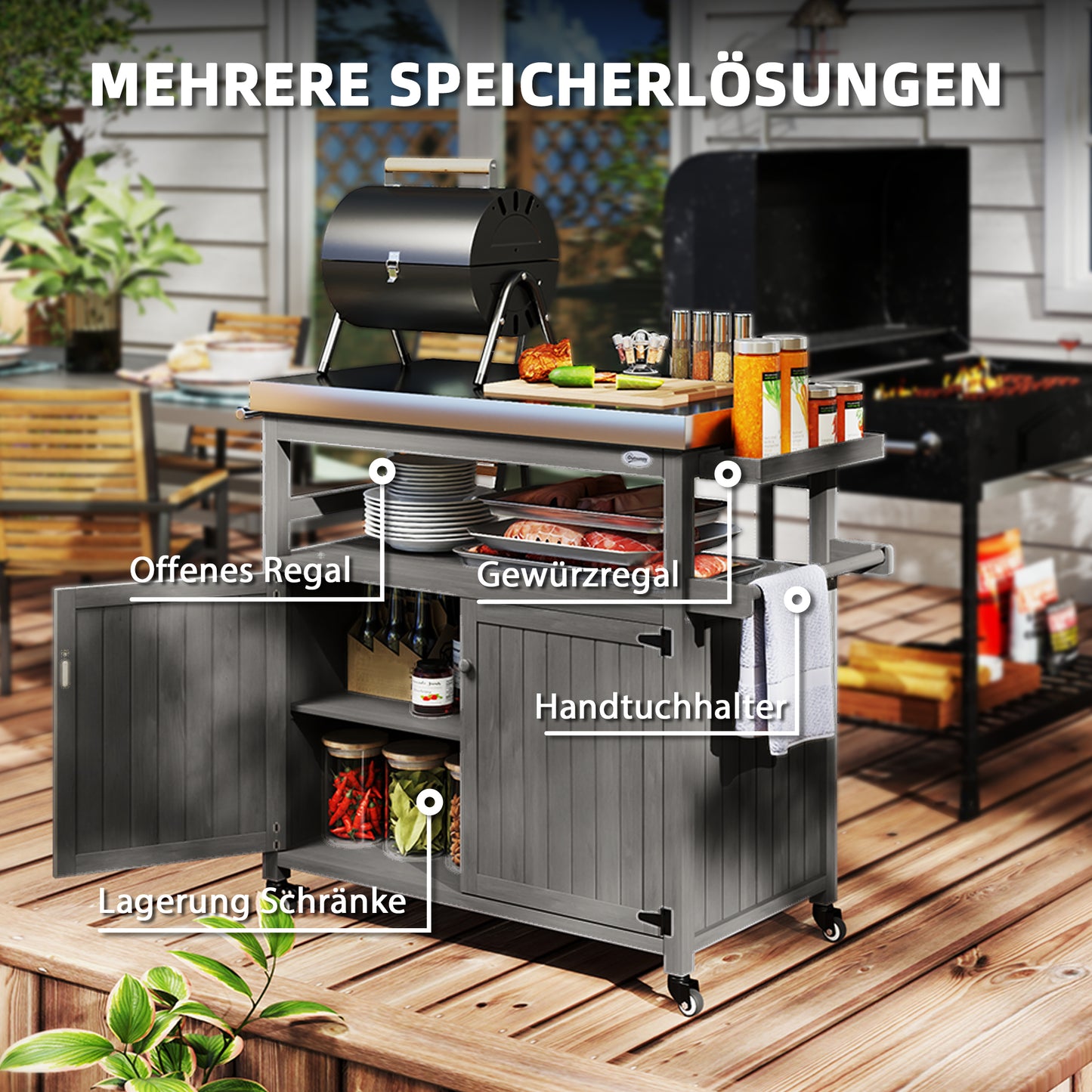 3-tier outdoor barbecue cart with towel rack - wood, gray
