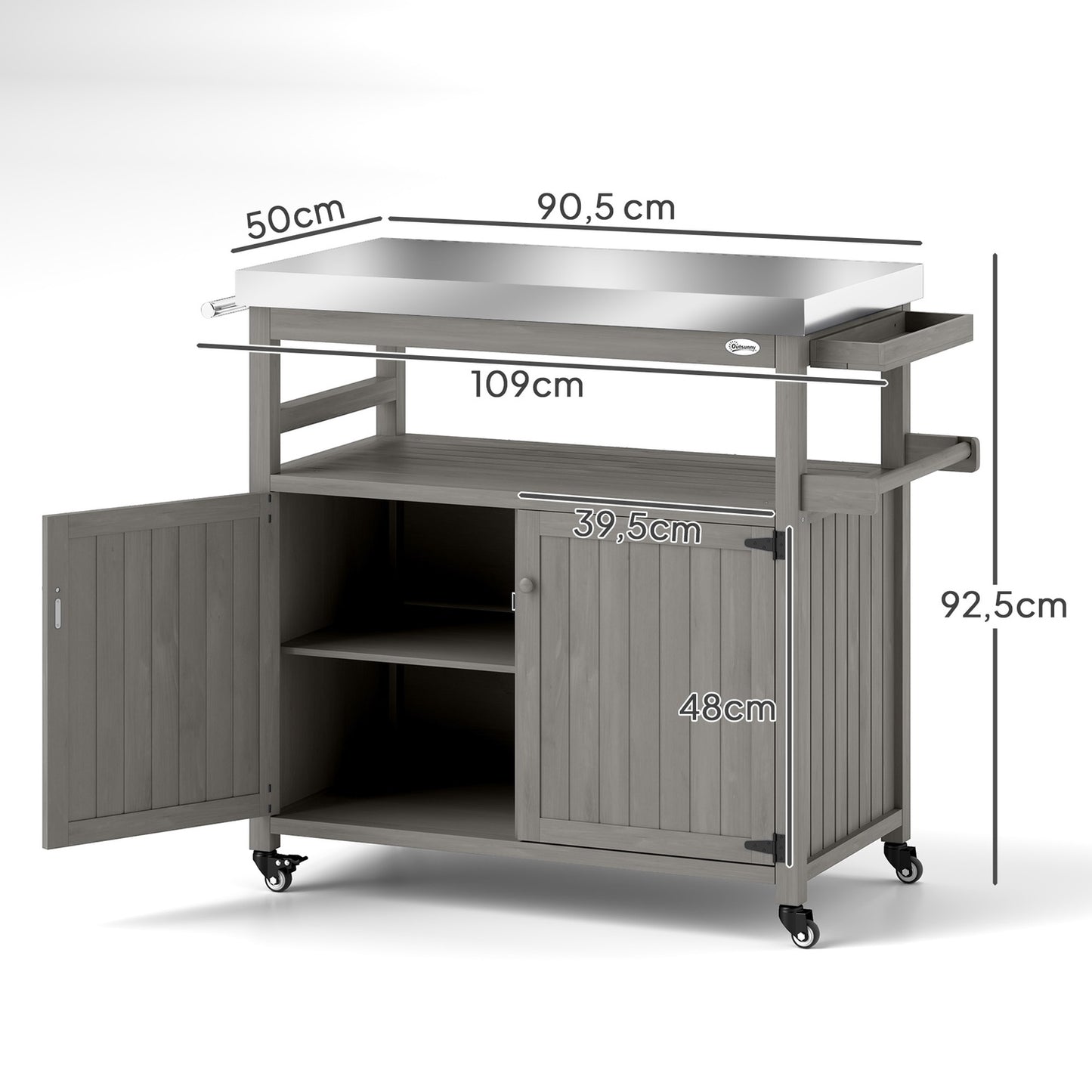 3-tier outdoor barbecue cart with towel rack - wood, gray