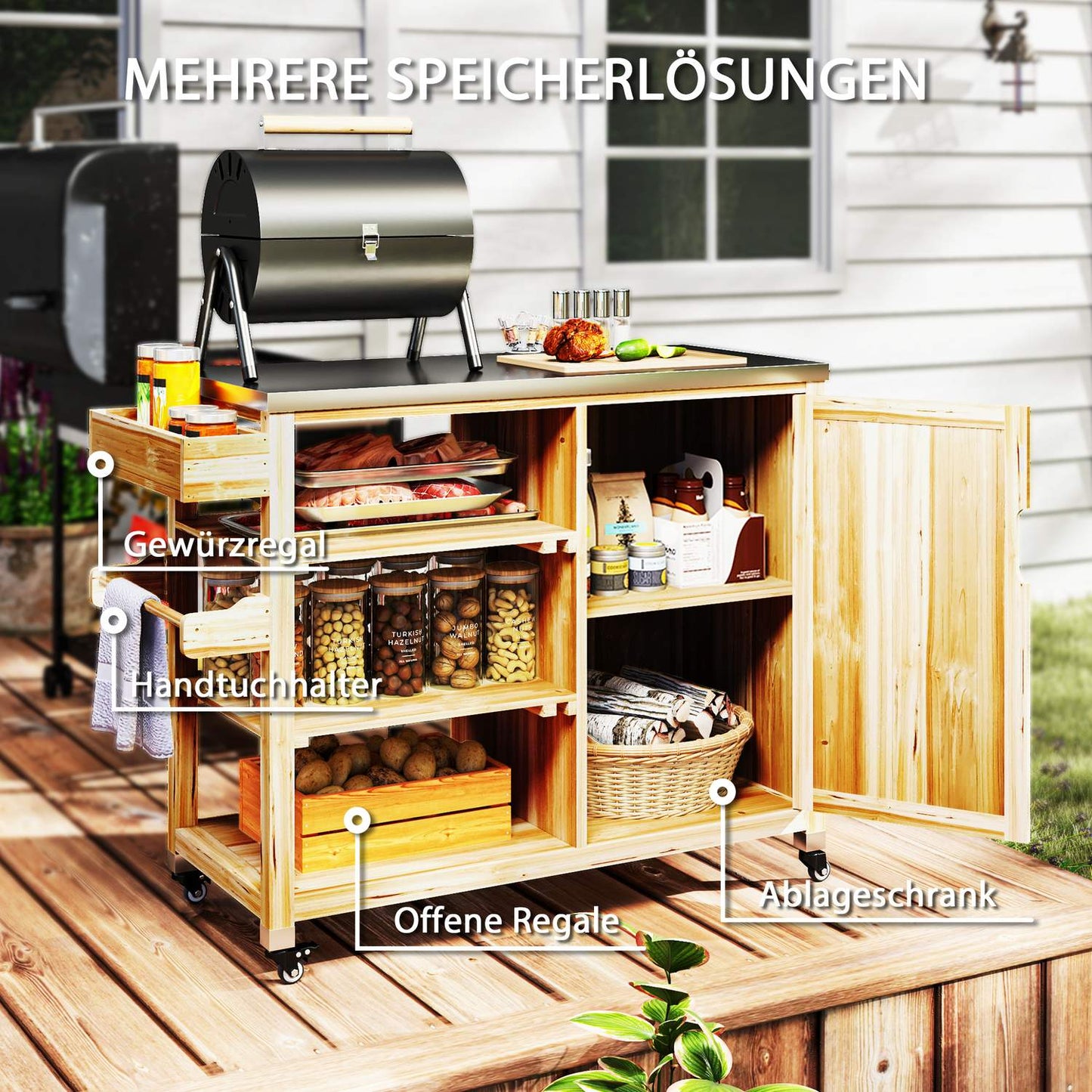 Outdoor charcoal grill trailer - 6-tier wooden grill table