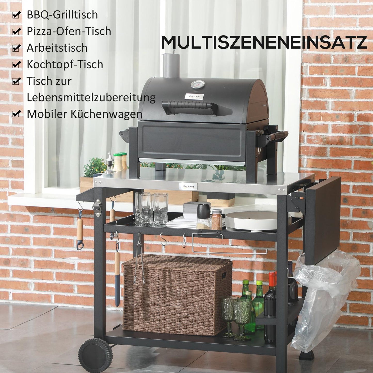 Barbecue cart with folding side table and wheels