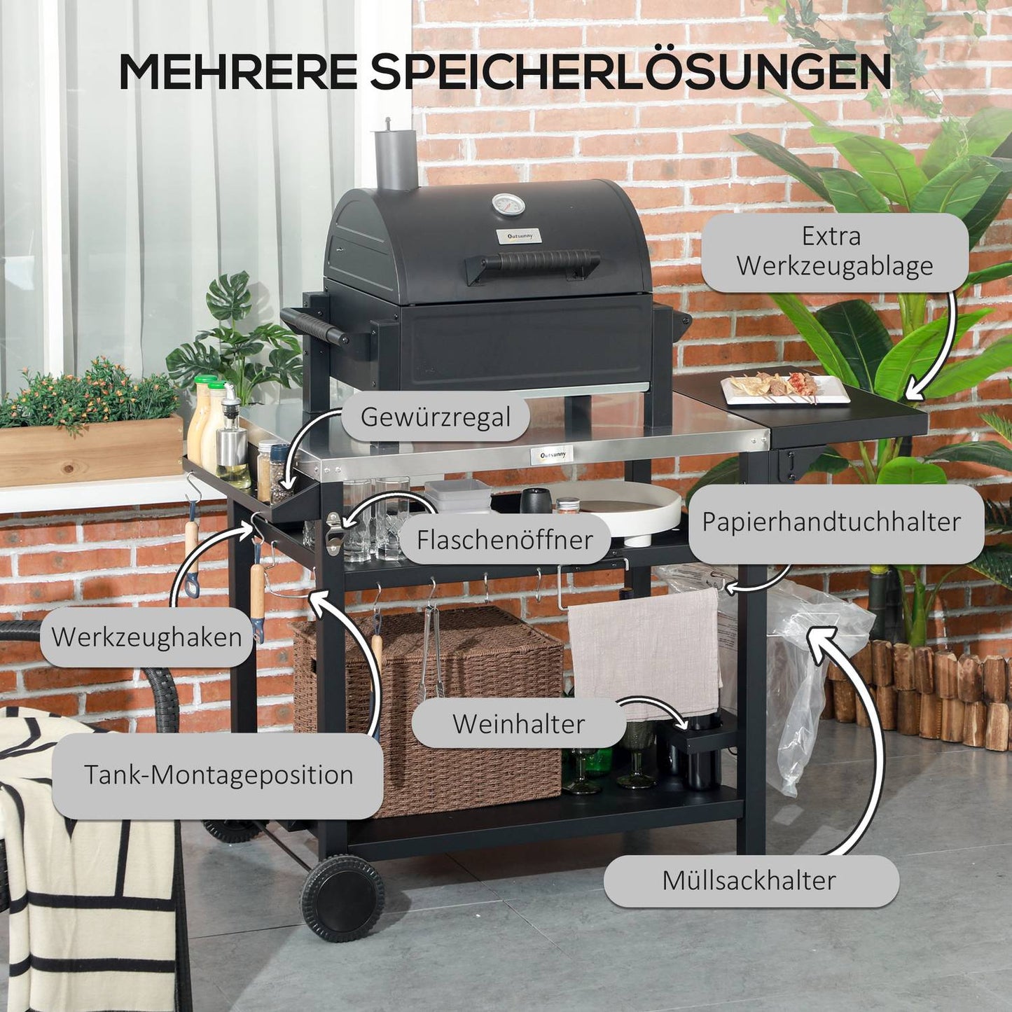 Barbecue cart with folding side table and wheels