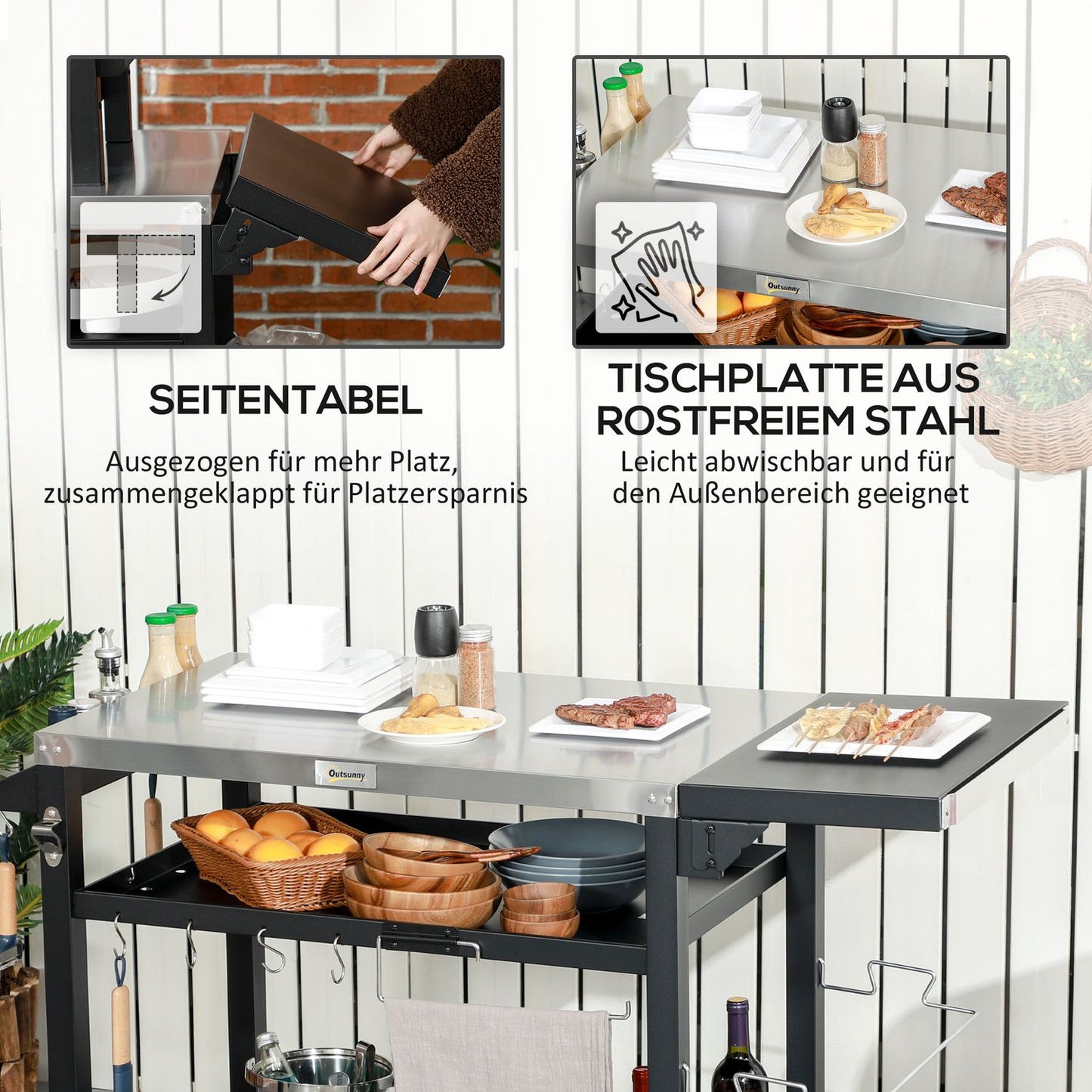 Barbecue cart with folding side table and wheels