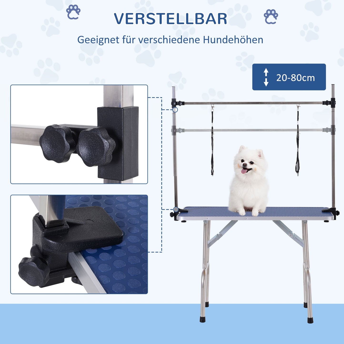 Height-adjustable dog grooming table in stainless steel, blue