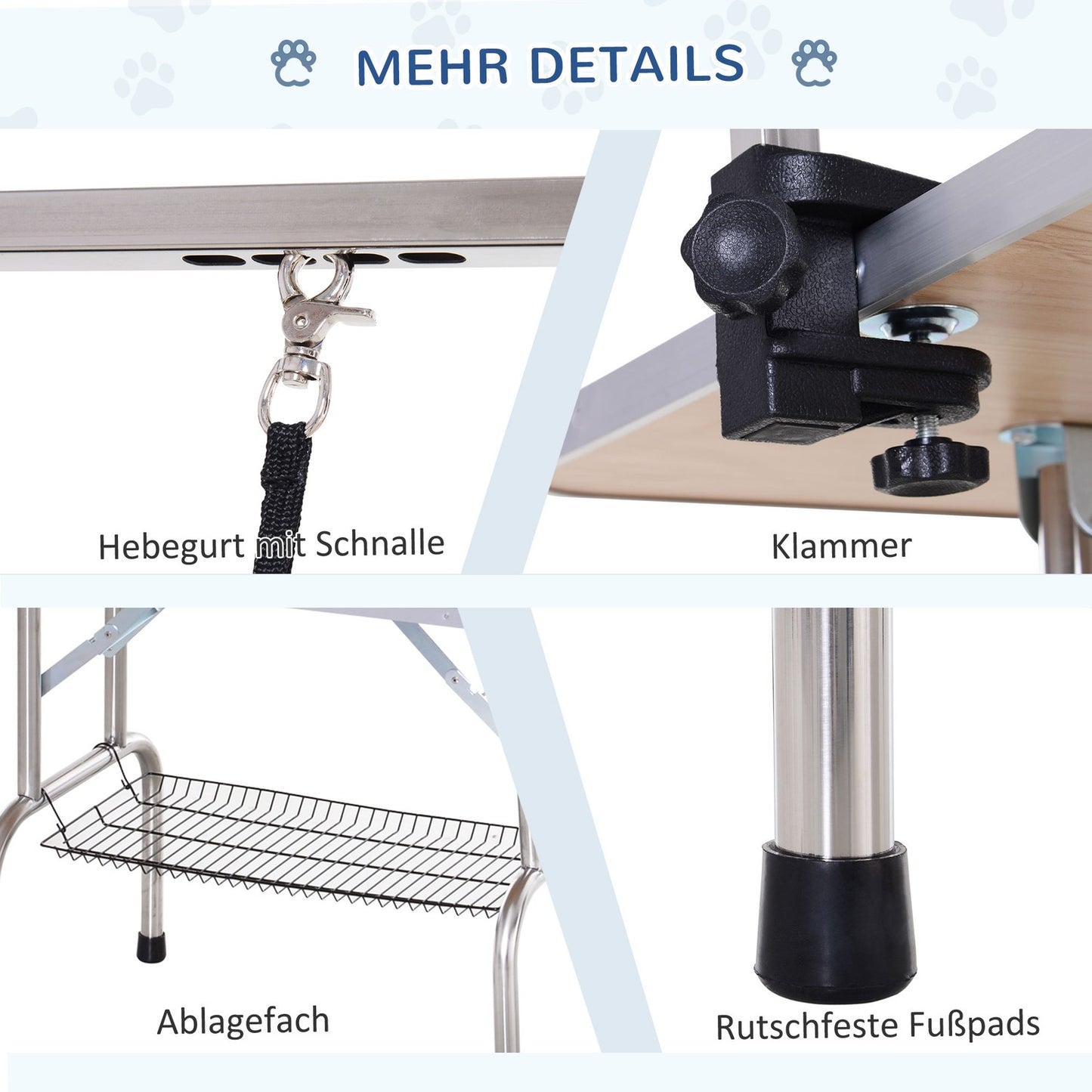 Height-adjustable dog grooming table in stainless steel, blue