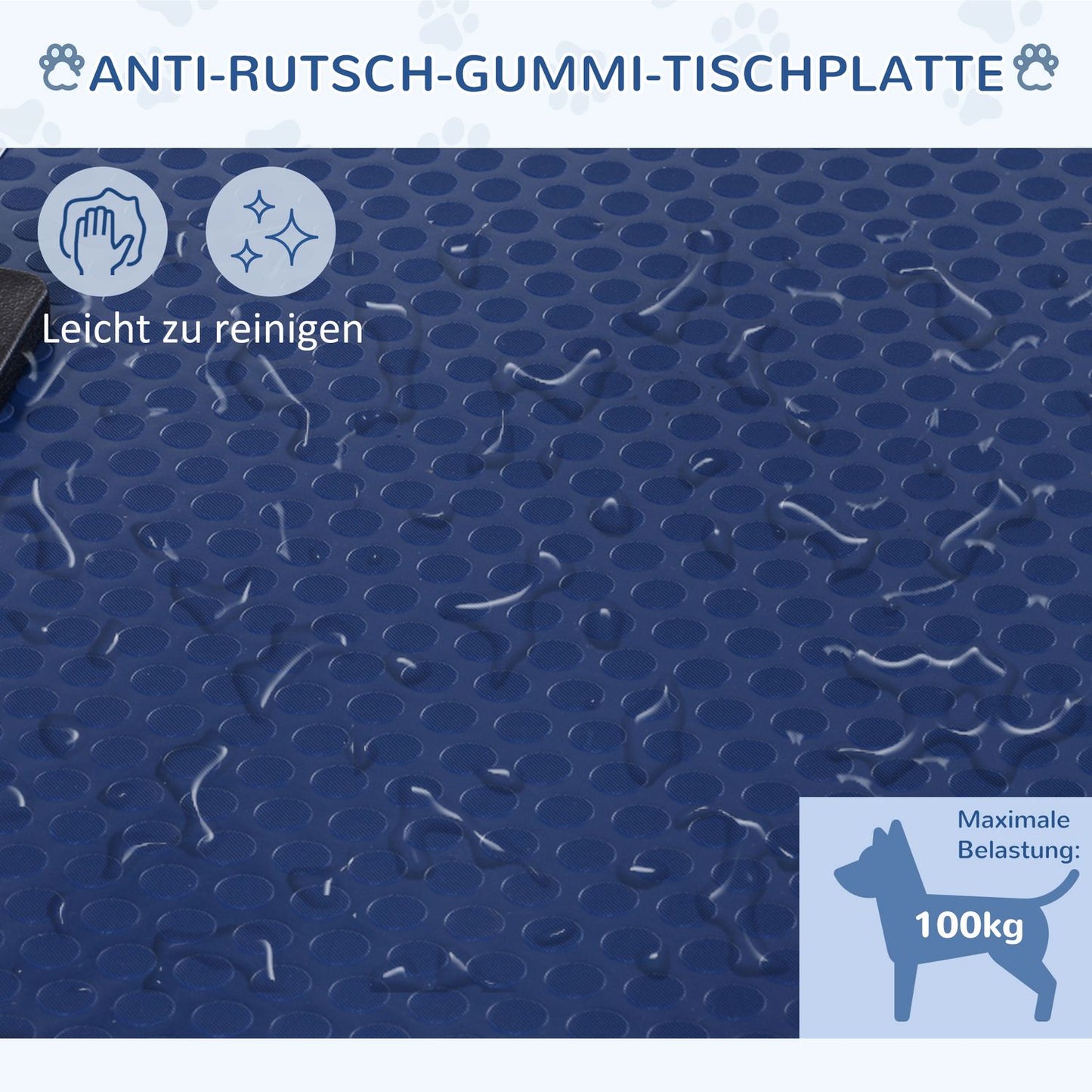 Height-adjustable dog grooming table in stainless steel, blue