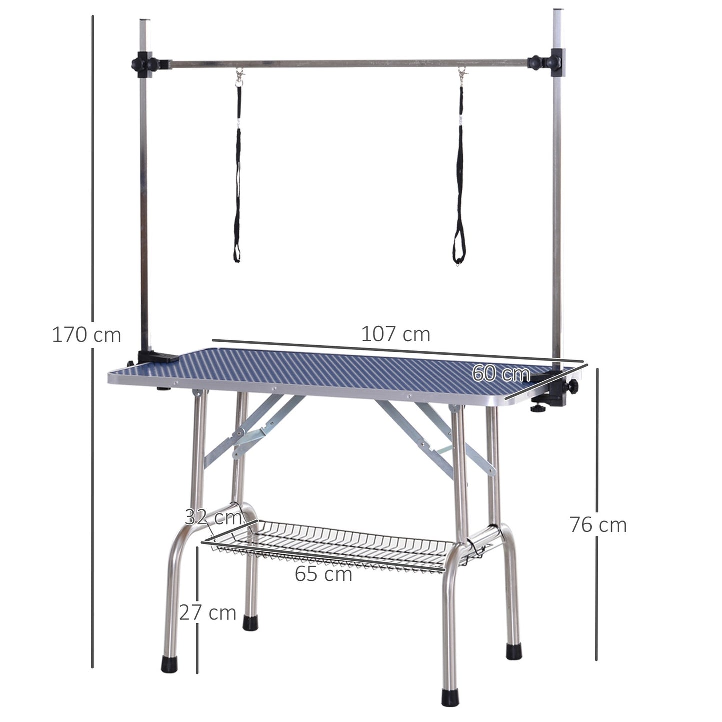 Height-adjustable dog grooming table in stainless steel, blue