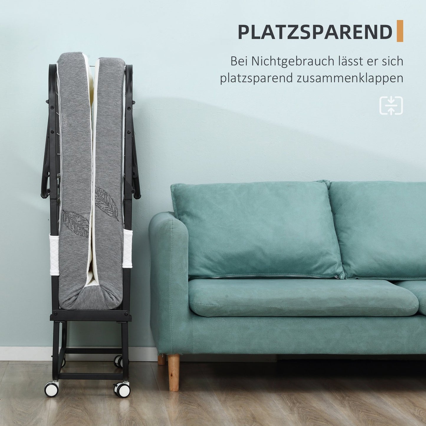 Folding guest bed with wheels, steel frame, 200x75x42.5cm