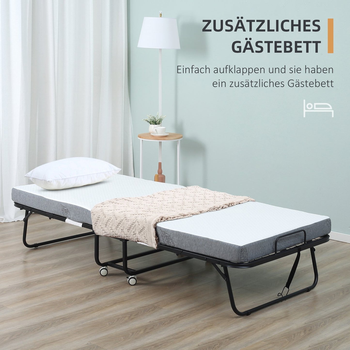 Folding guest bed with wheels, steel frame, 200x75x42.5cm