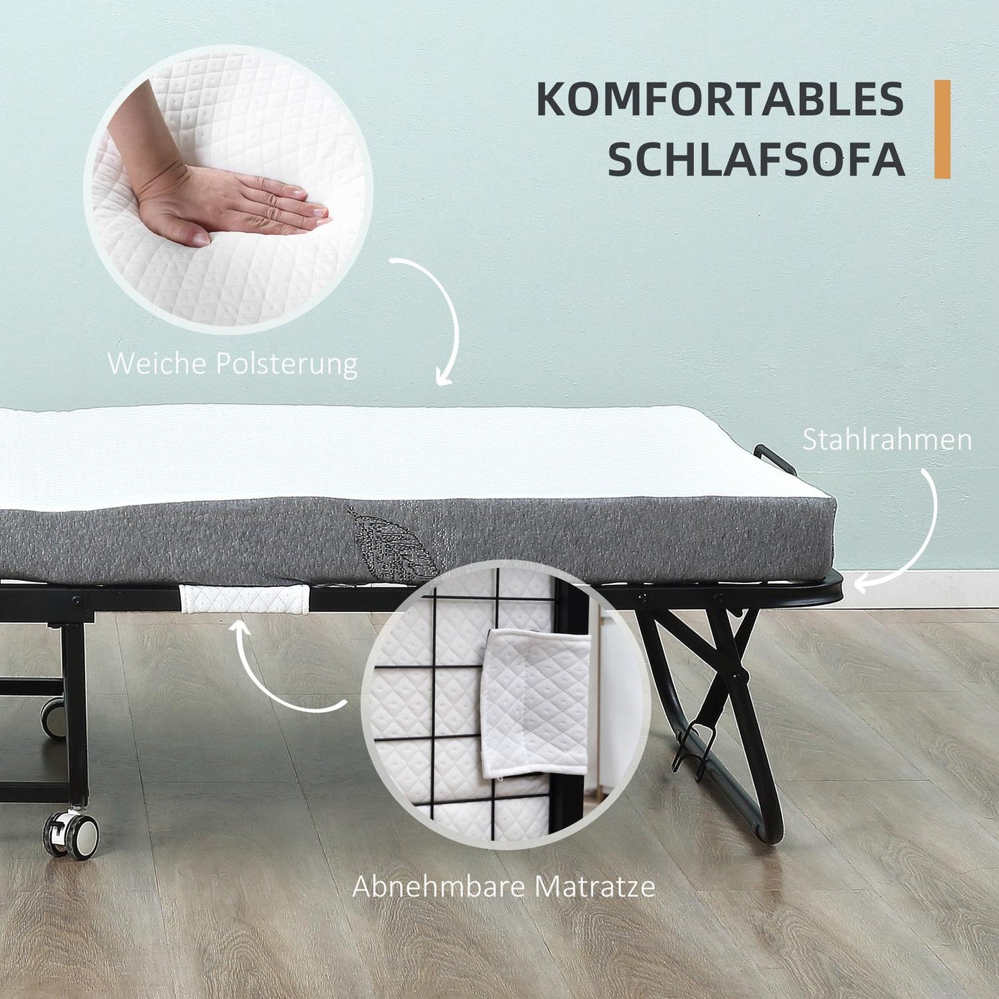 Folding guest bed with wheels, steel frame, 200x75x42.5cm