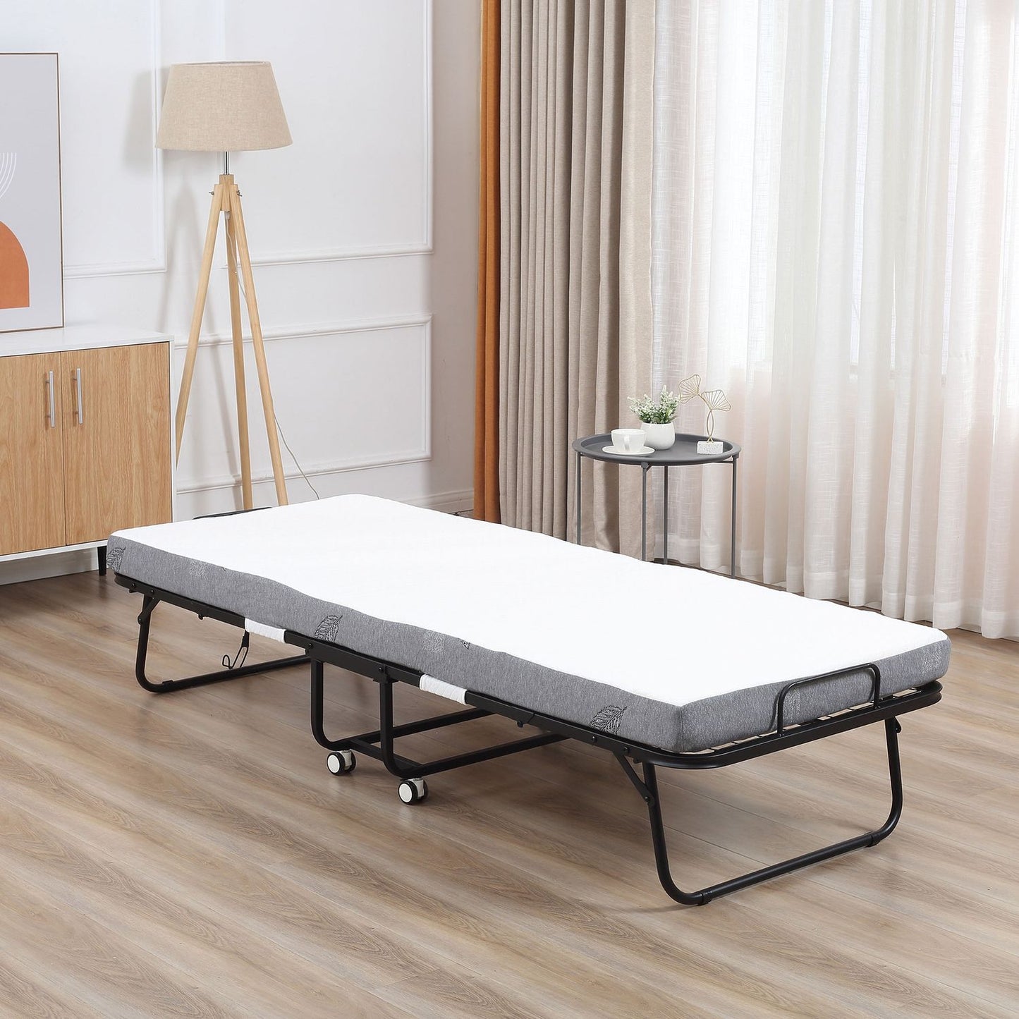 Folding guest bed with wheels, steel frame, 200x75x42.5cm