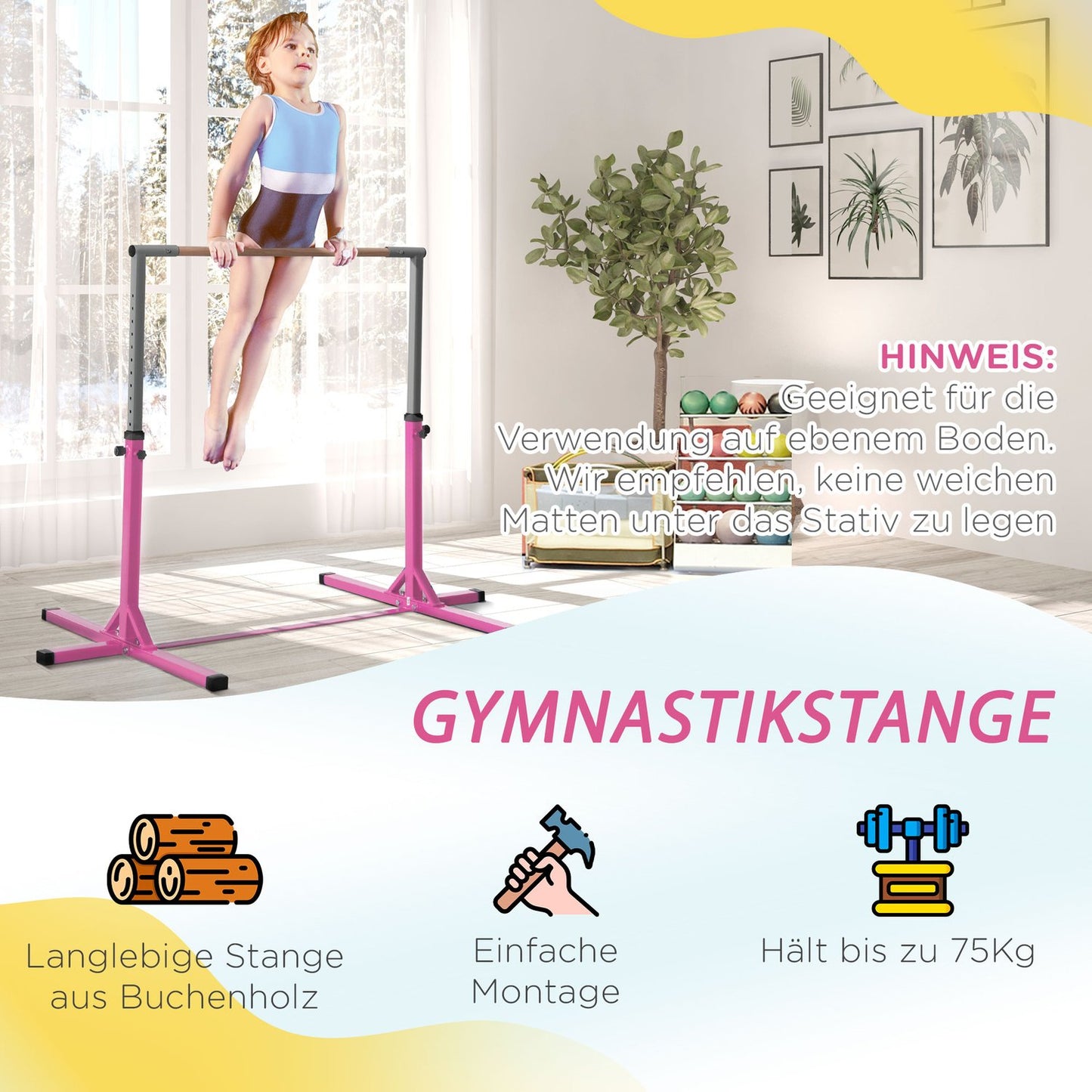 Gymnastics high bar, height adjustable, pink steel bars