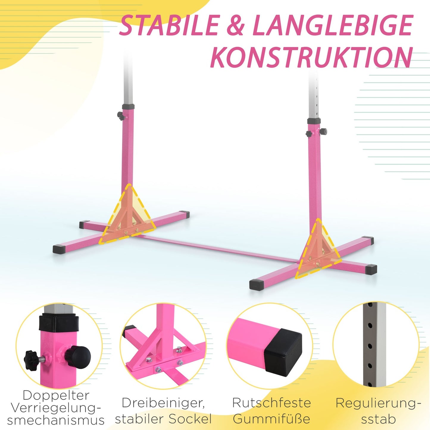 Gymnastics high bar, height adjustable, pink steel bars