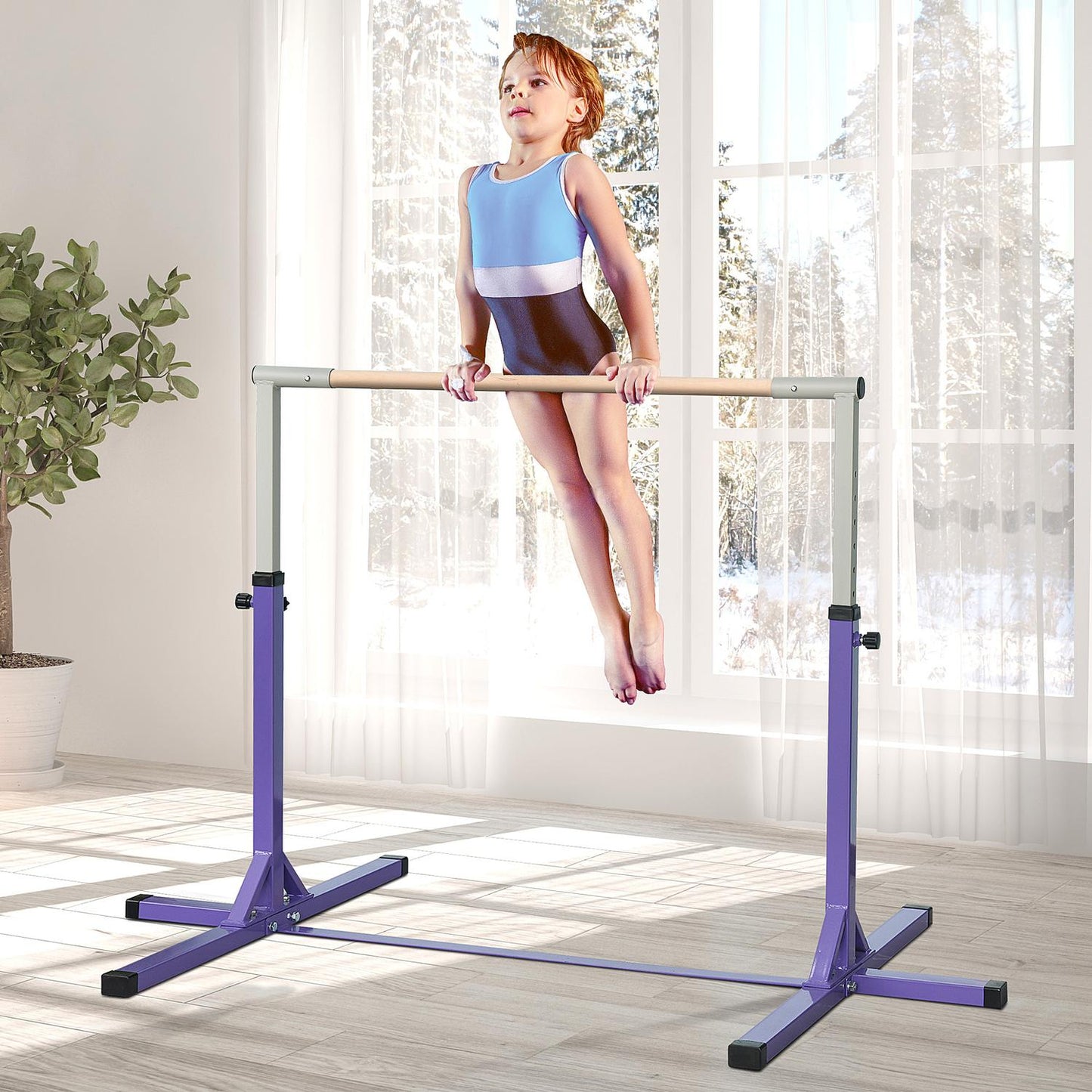 Adjustable gymnastic bar, 13 levels, steel & wood, 75 kg Capacity