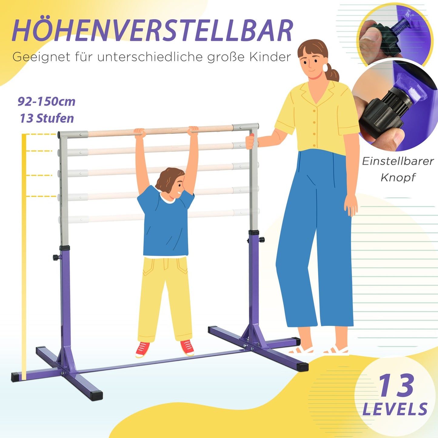 Adjustable gymnastic bar, 13 levels, steel & wood, 75 kg Capacity