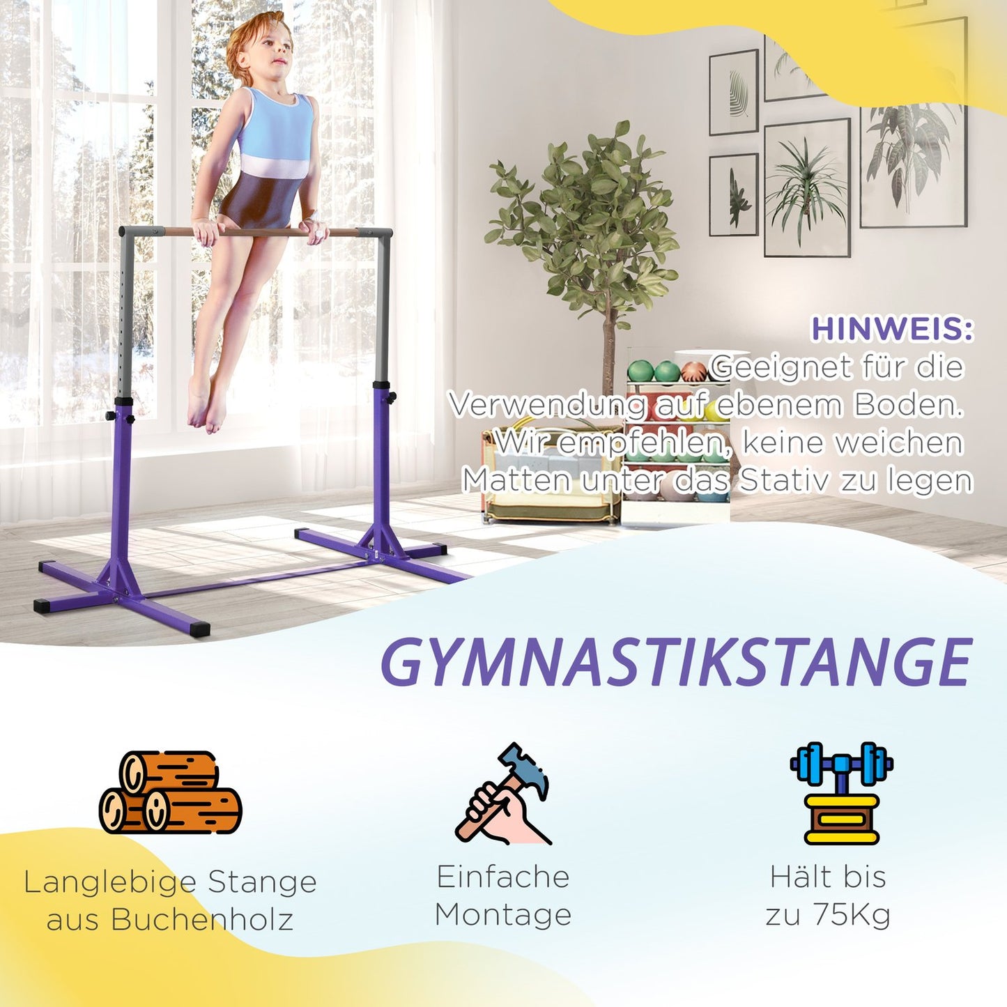 Adjustable gymnastic bar, 13 levels, steel & wood, 75 kg Capacity