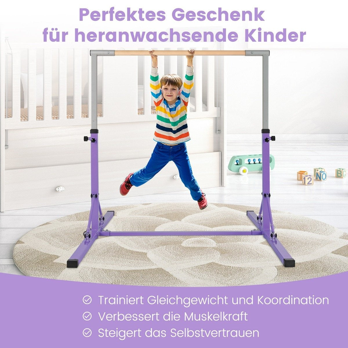 Gymnastics gymnastics bar, height-adjustable gymnastics bars, loadable up to 100kg for indoor use, purple