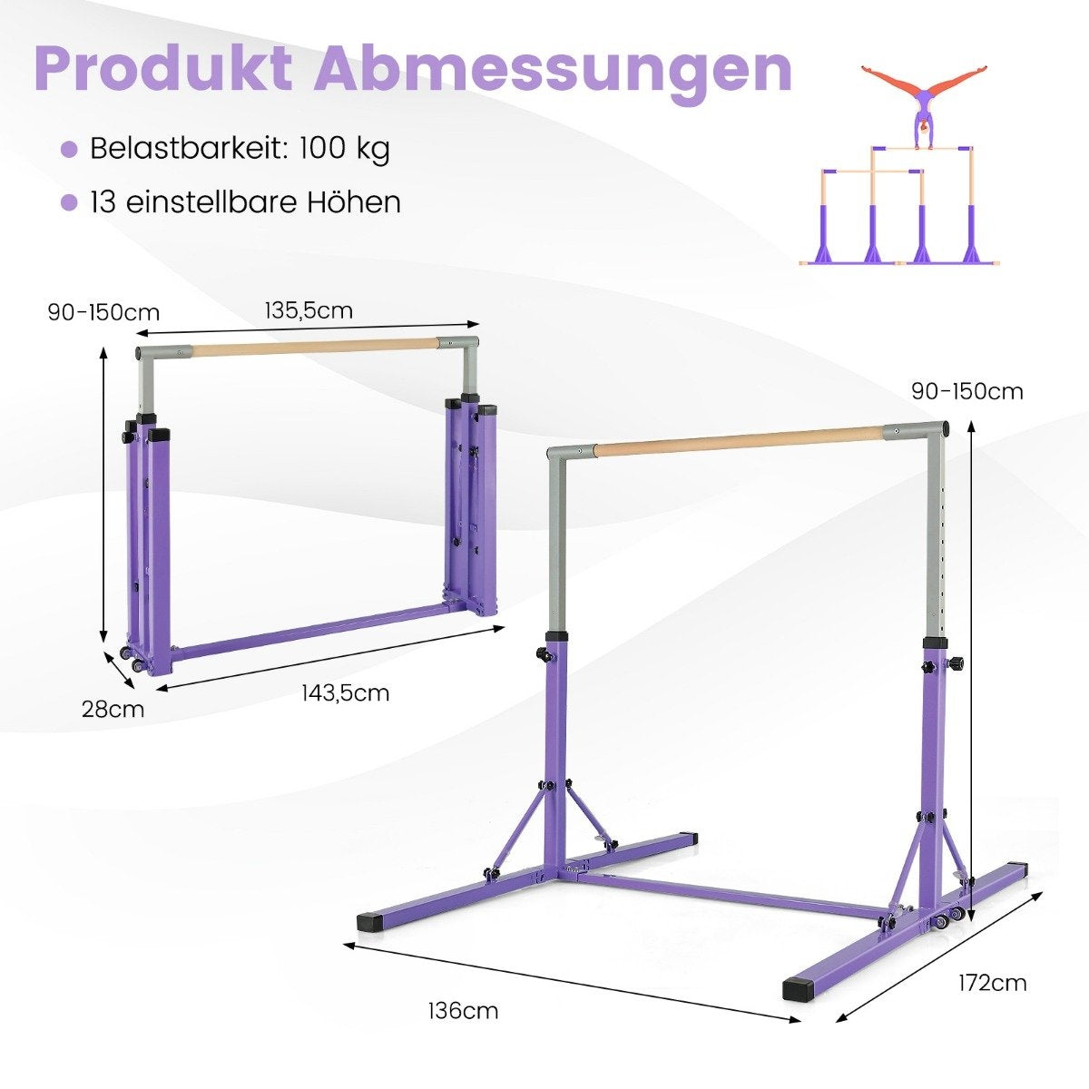 Gymnastics gymnastics bar, height-adjustable gymnastics bars, loadable up to 100kg for indoor use, purple