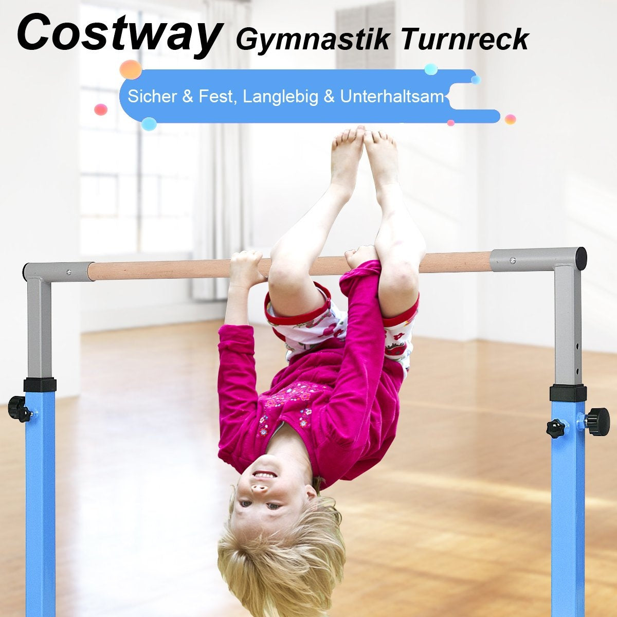 Gymnastics gymnastics bar, height-adjustable gymnastics bars, resilient horizontal bar, pink/blue-blue