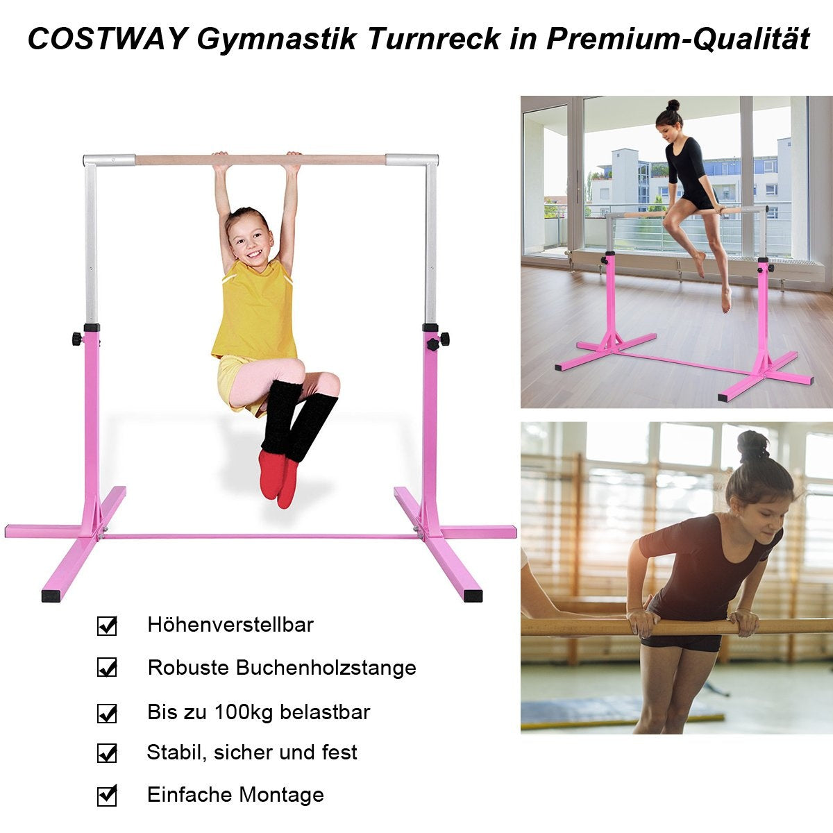Gymnastics gymnastics bar, height-adjustable gymnastics bars, resilient horizontal bar, pink/blue-pink
