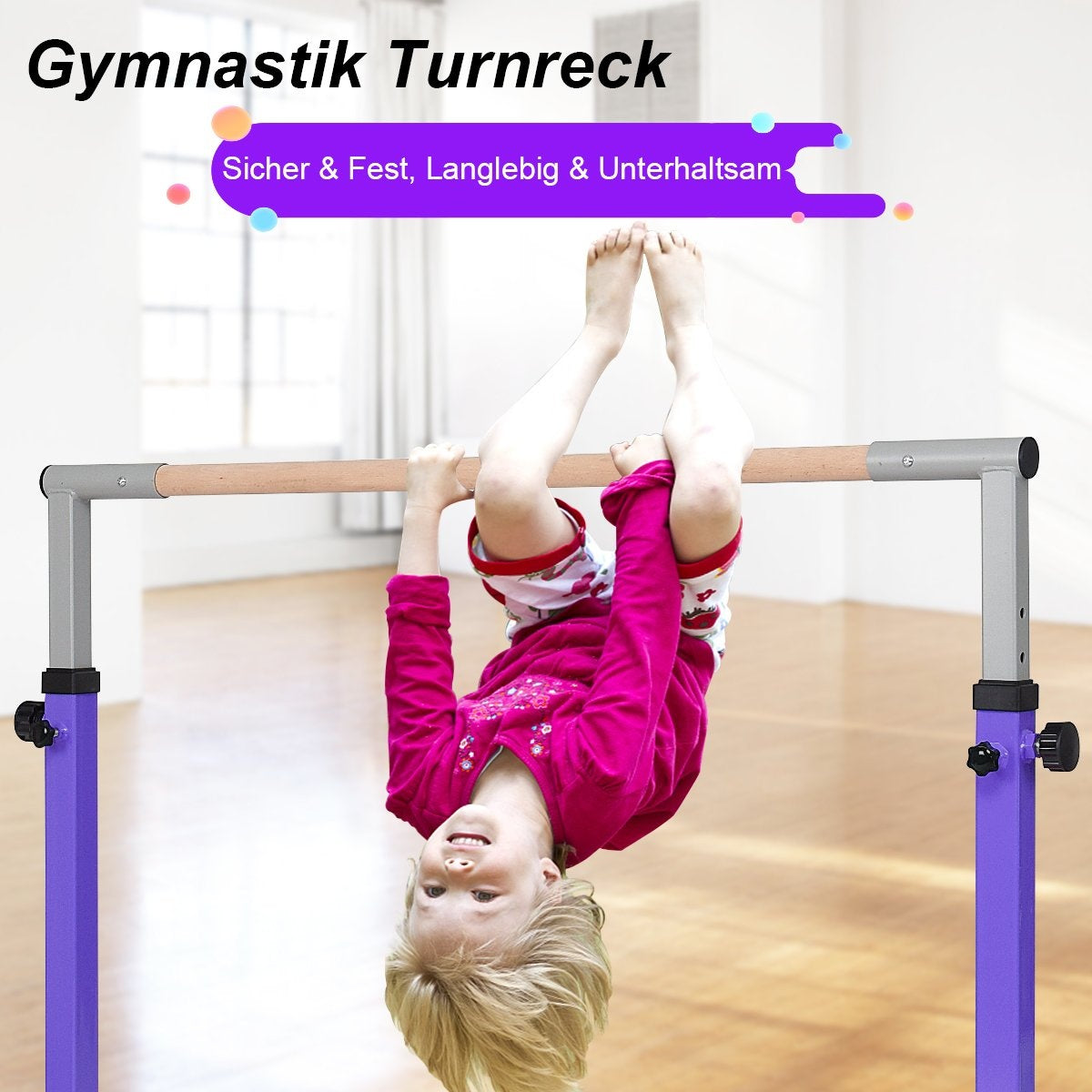 Gymnastics gymnastics bar, height-adjustable gymnastics bars, resilient horizontal bar, pink/blue/purple-purple
