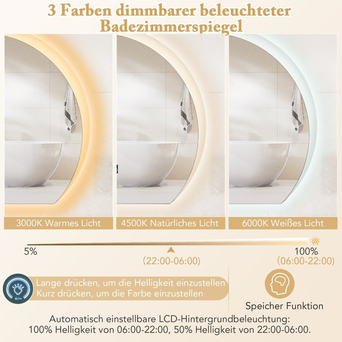 Half-round bathroom mirror with 3-color LED lights. Dimmable cosmetic mirror