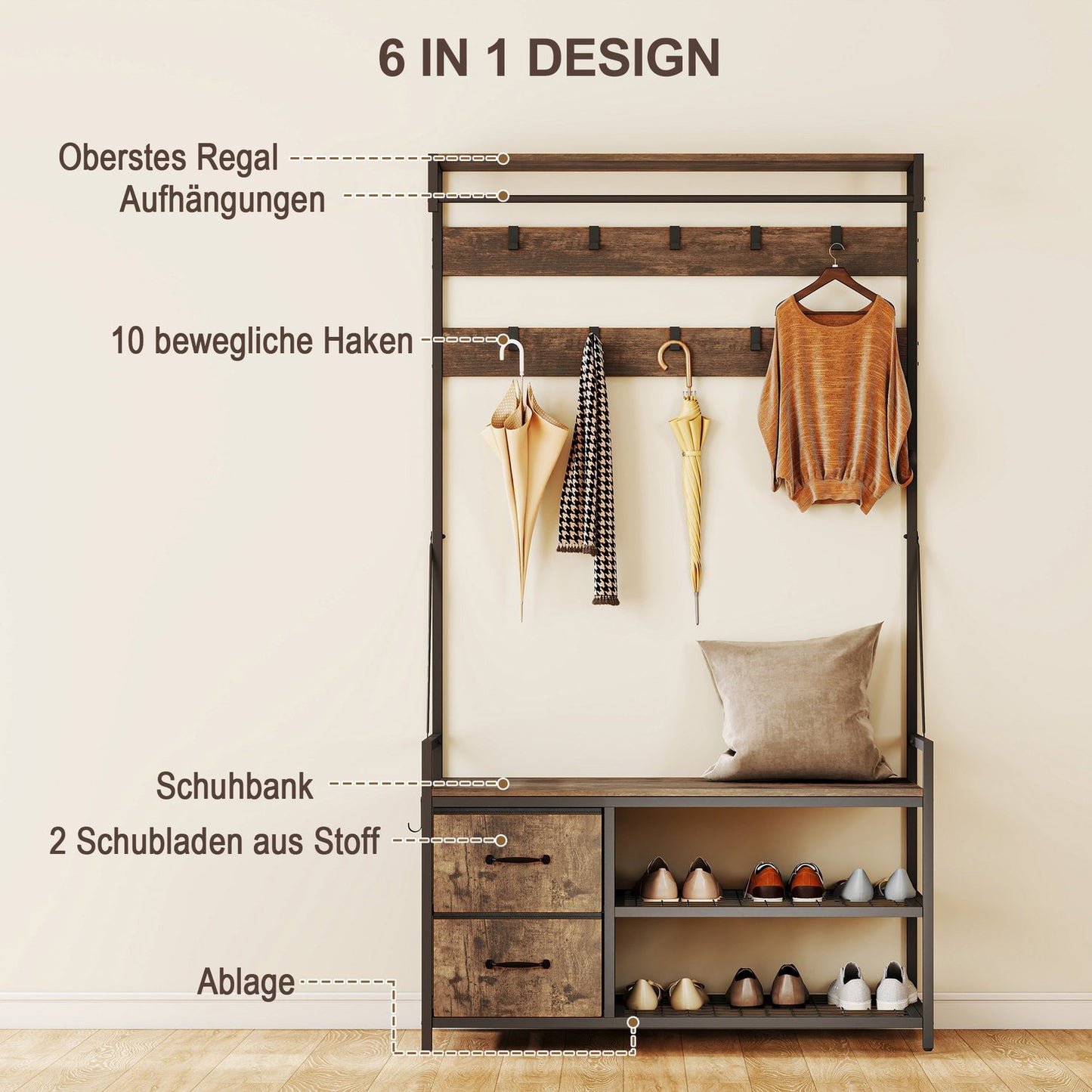 Hall Tree with Bench, Shoe Rack, 10 Hooks, 2 Fabric Drawers