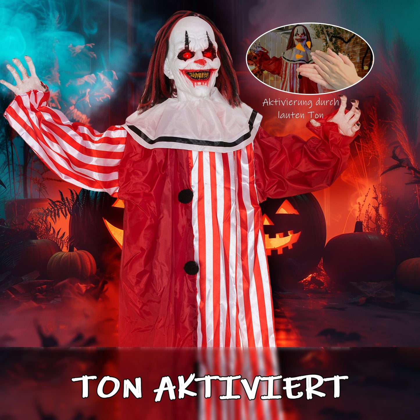 Halloween Clown Decoration, 165 cm, LED Lights, Sound Effects