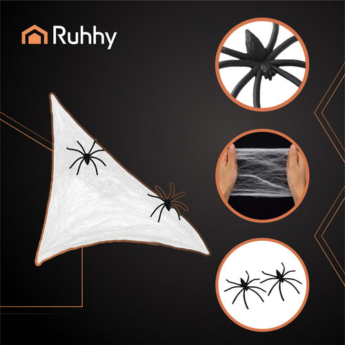 Halloween Spider Web with 2 Spiders, Stretchable, White