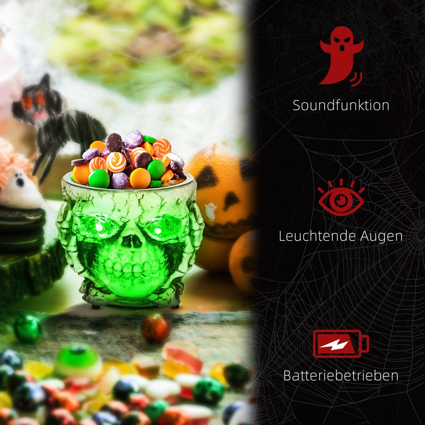 Halloween Skeleton Decoration with Light & Sound, Ø16cm Steel