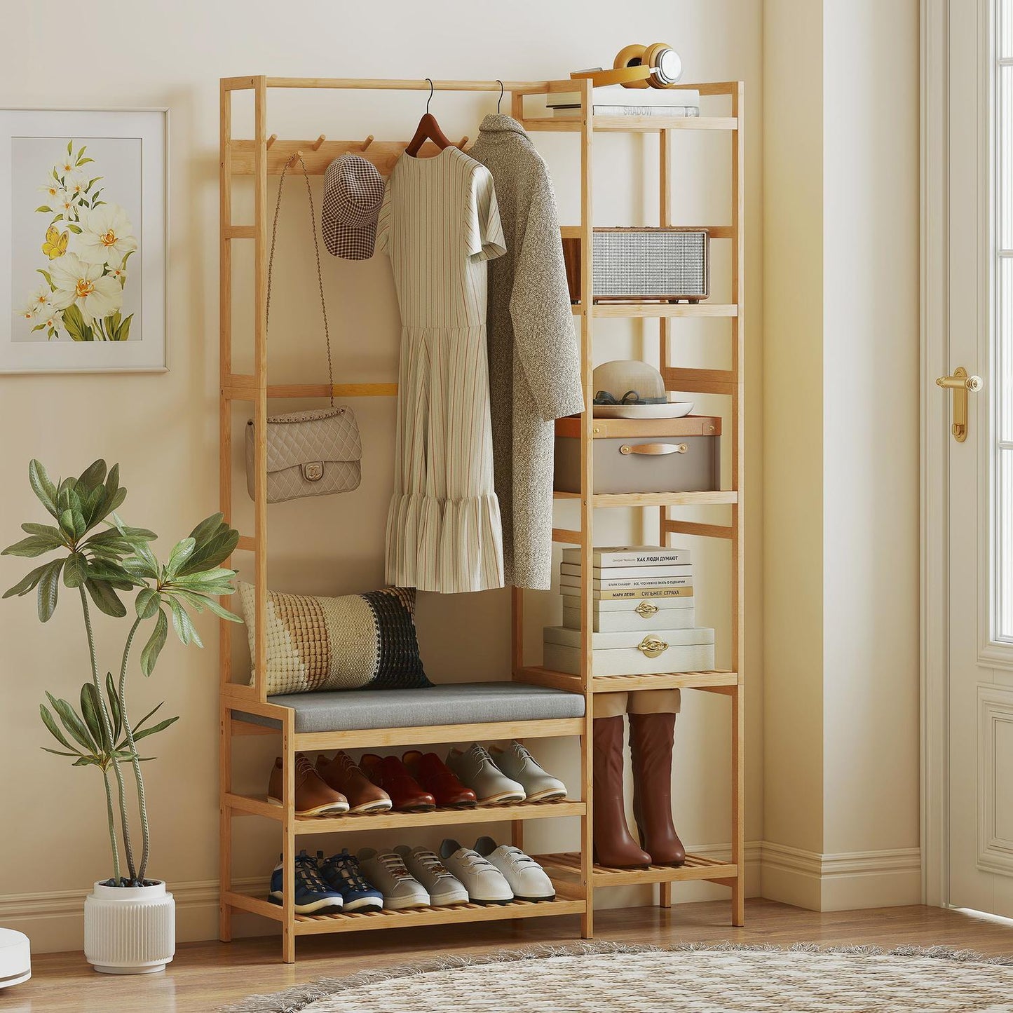 Hallway Coat Rack with Shoe Bench and Hooks, Bamboo