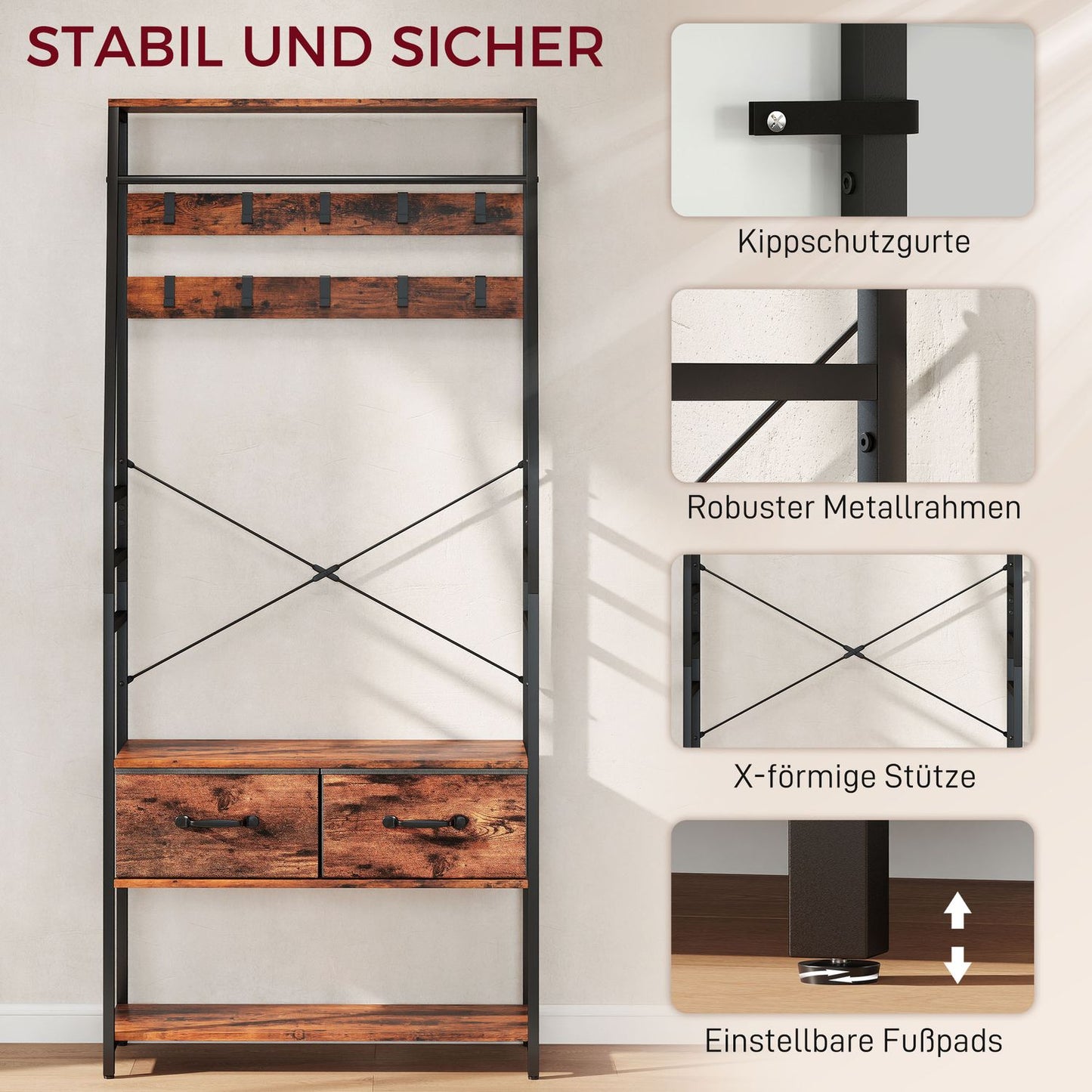 Hallway Coat Rack with Shoe Shelf, Bench, 10 Hooks, Brown
