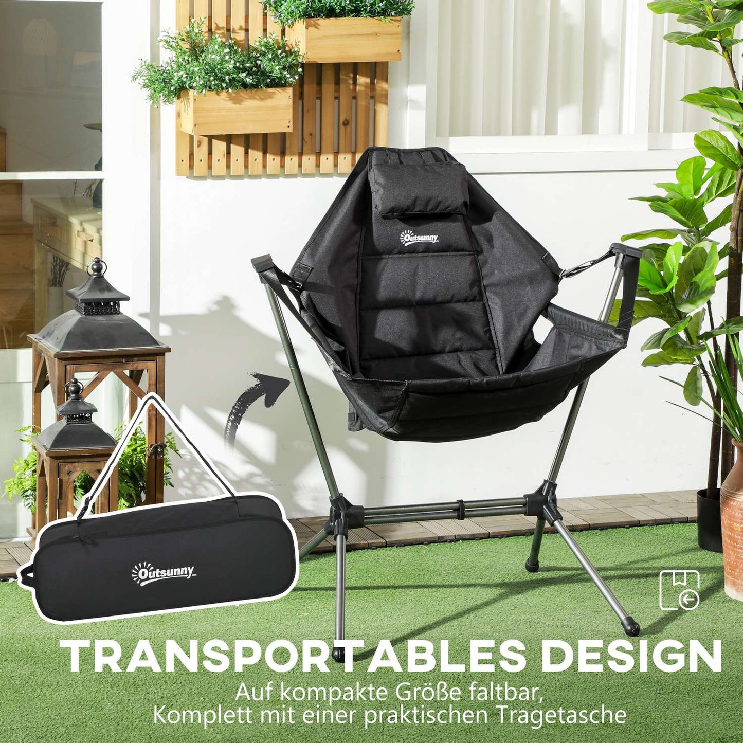 Folding hammock camping chair, black, supports 120 kg