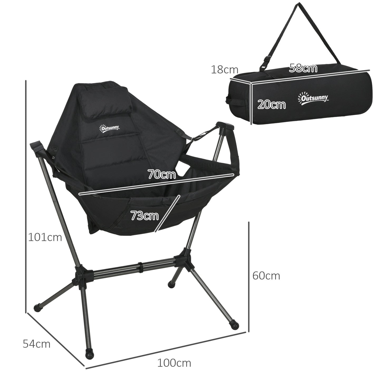 Folding hammock camping chair, black, supports 120 kg
