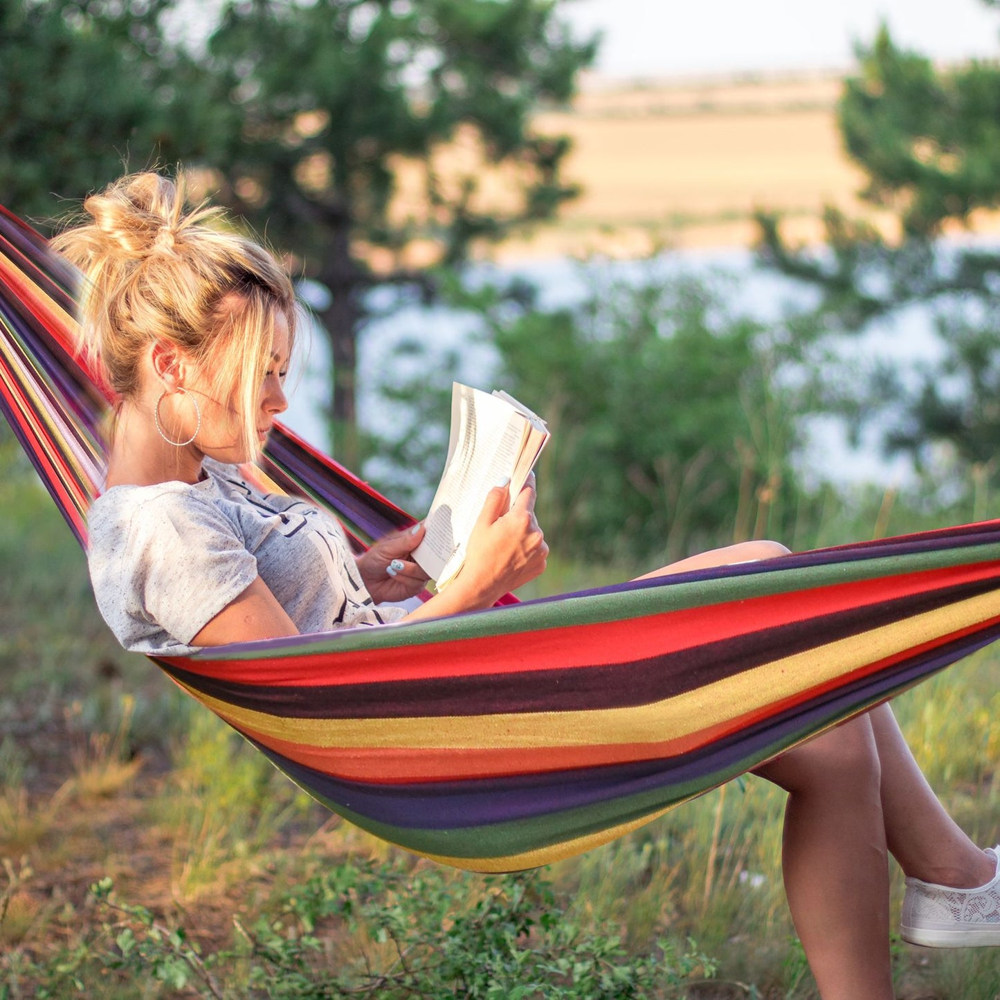 Cotton outdoor hammock with carrying bag, 150 kg, 290x150 cm