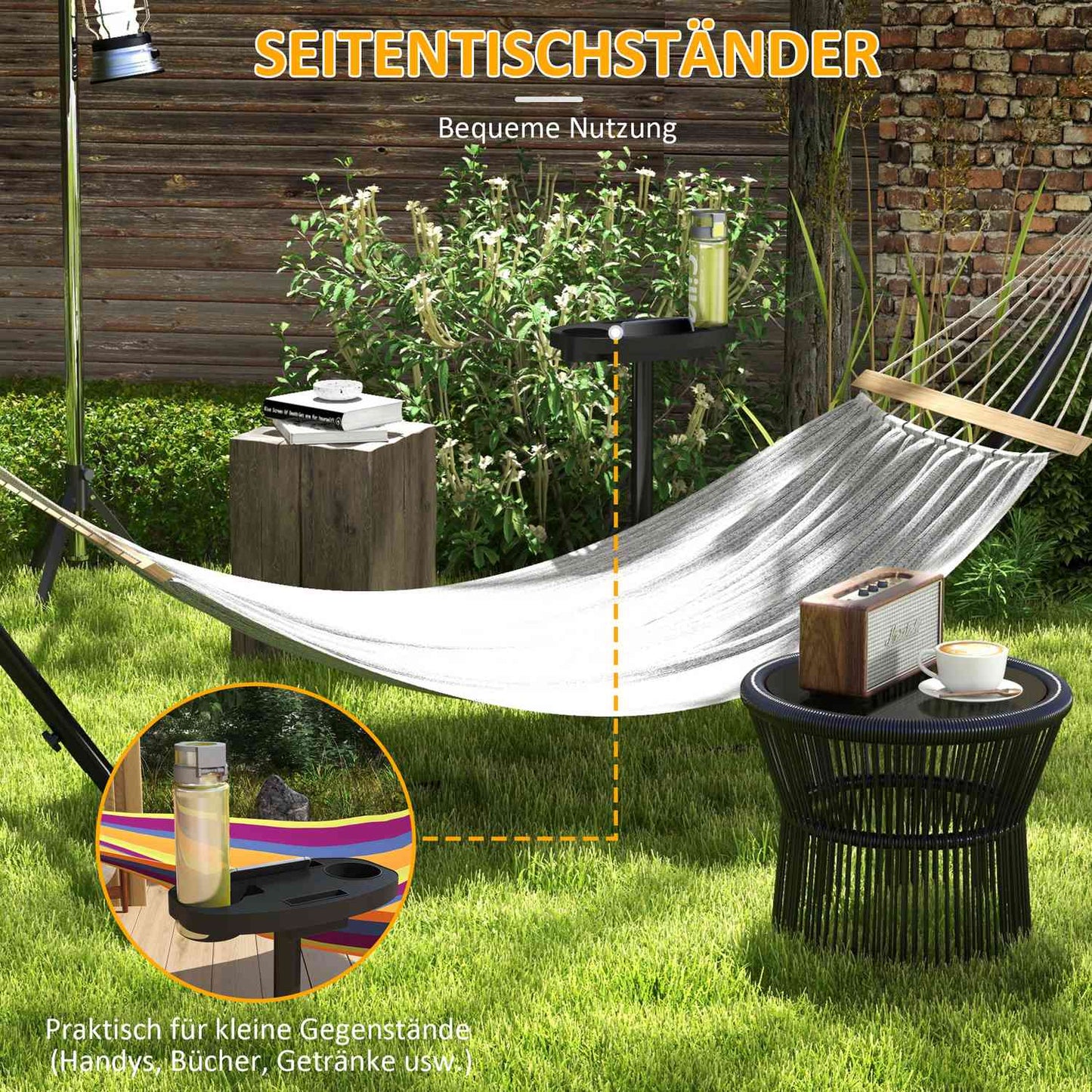 Steel hammock with side shelf, capacity 150 kg, black