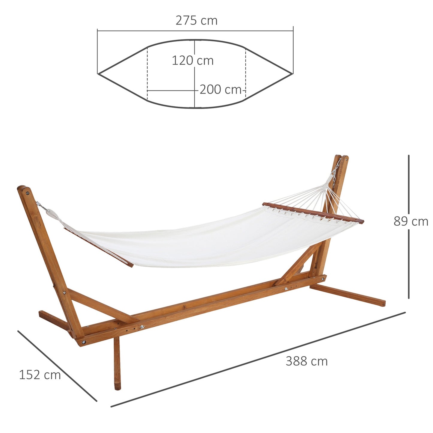 Adjustable pine hammock with frame, cream white 388cm