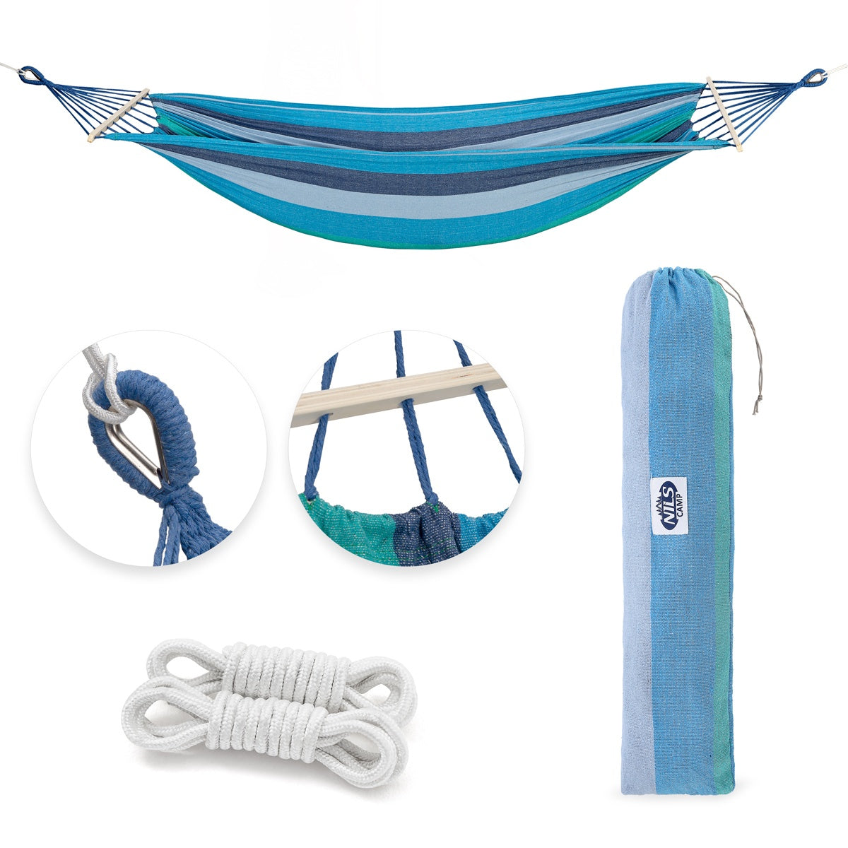 Hammock with 70cm Wooden Beam & Metal Holder, Blue